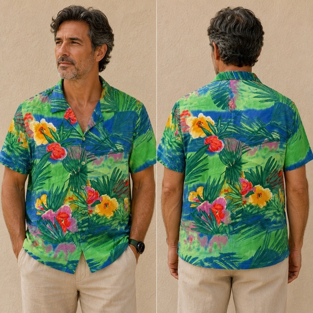 Jams World Mens Shirt Tropical Floral Palm Print Button Down Shirt Rayon XL